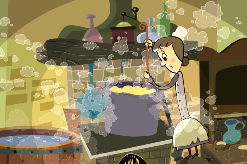 Kobieta z kreskówki w staromodnym ubraniu miesza w dużym parującym garnku nad ogniem w przytulnej, zagraconej kuchni z półkami, butelkami i narzędziami kuchennymi w tle. Para wypełnia powietrze.