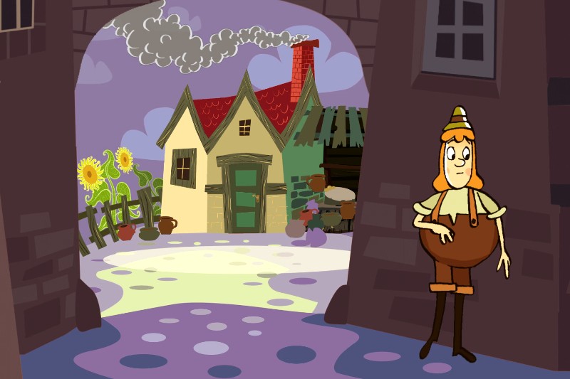 Postać z kreskówki ubrana w średniowieczne ubranie stoi w łuku i patrzy w stronę malowniczego domu z czerwonym dachem, zielonymi drzwiami, słonecznikami i krzywym płotem pod zachmurzonym, fioletowym niebem.
