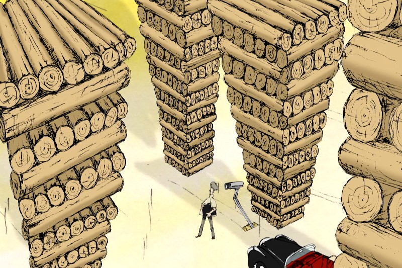 Osoba z odkurzaczem stoi pomiędzy gigantycznymi, odwróconymi stosami kłód, obok czerwonego samochodu, w surrealistycznej scenie na świeżym powietrzu na żółtym tle.