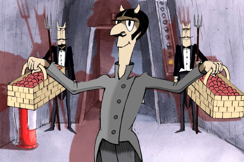 Postać z kreskówki z długim nosem i ciemnymi włosami trzyma dwa kosze czerwonych jabłek. Dwie podobnie ubrane postacie z głowami przypominającymi zwierzęta, smokingami i widłami stoją w tle na tle szarego, industrialnego otoczenia.