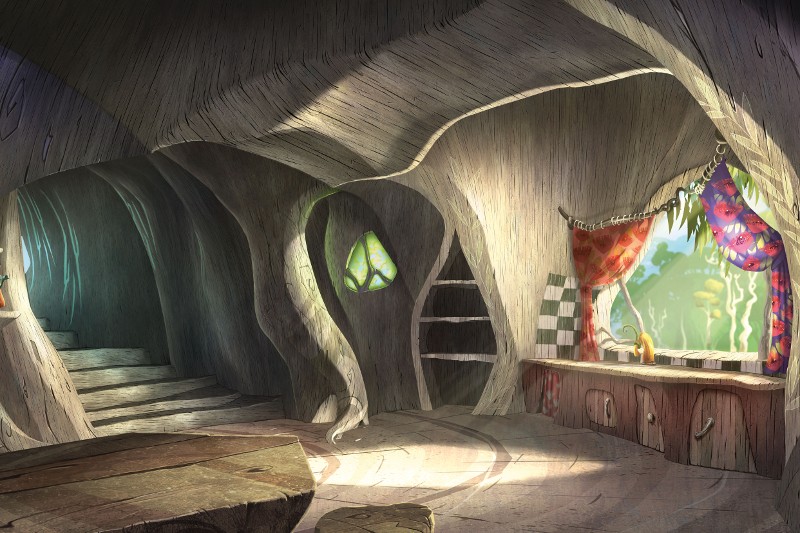 Przytulny, kapryśny pokój wewnątrz drzewa z zakrzywionymi drewnianymi ścianami, schodami, półkami i oświetlonym słońcem oknem ozdobionym czerwonymi kwiatowymi zasłonami, z widokiem na zielony las. Wpadające promienie słoneczne tworzą ciepłą, zachęcającą atmosferę.