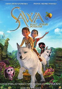 Animowany plakat filmowy przedstawiający dwójkę dzieci jadących na białym wilku przez bujny, zielony las. Pojawiają się inne zwierzęta, w tym małe różowe stworzenie i latający owad. Tekst tytułu i napisy końcowe są w języku polskim.