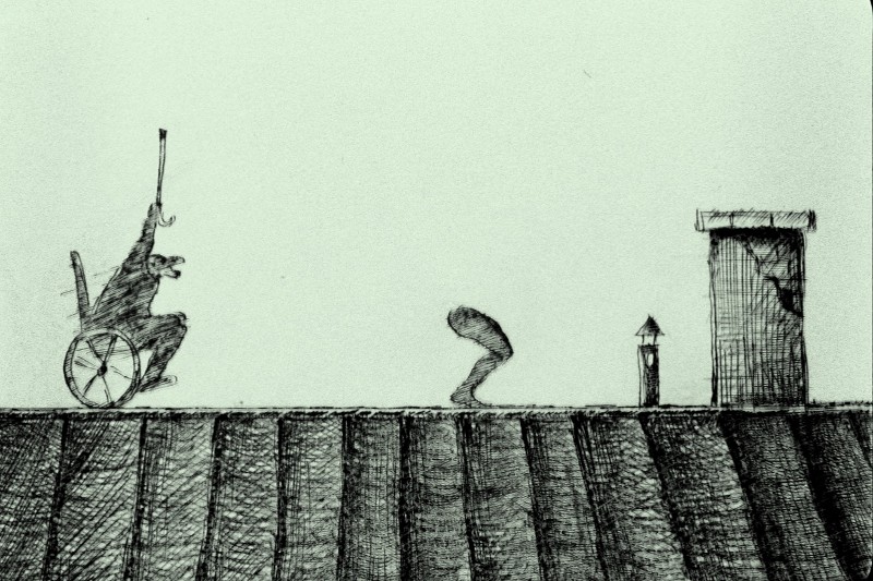 Szkic osoby na wózku inwalidzkim na dachu, podnoszącej laskę, podczas gdy zgięta, bezkształtna postać zbliża się do komina i małej konstrukcji. Scena ma surrealistyczną, niesamowitą atmosferę.