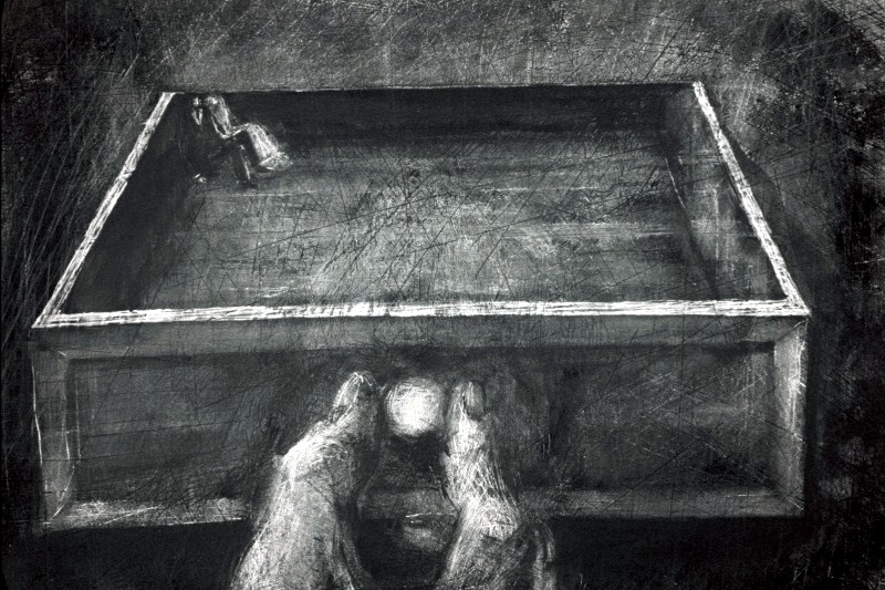 Szorstki, czarno-biały rysunek przedstawia dwie ręce otwierające pustą szufladę, widziane z góry. Światło i cień tworzą teksturowaną, porysowaną powierzchnię, a mały klucz leży w górnym rogu szuflady.