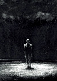 Samotna, mroczna postać stoi na tle ponurego, ciemnego otoczenia, otoczona szorstkimi, teksturowanymi liniami i ciężkimi cieniami, co tworzy ponurą i tajemniczą atmosferę.