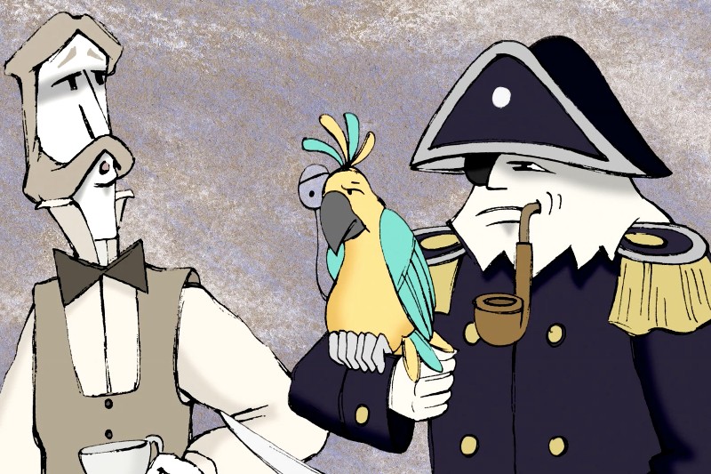 Dwie postacie z kreskówki stoją obok siebie: jeden to wysoki kelner trzymający kubek, a drugi to umundurowany kapitan z fajką, trzymający kolorową papugę, która ma monokl na rękawiczce.