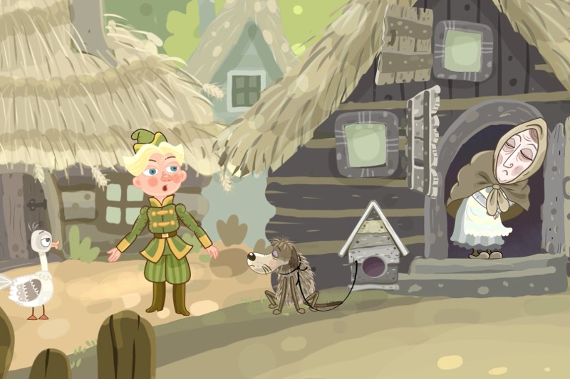 Młody człowiek w zielonym średniowiecznym stroju stoi obok psa i gęsi przed rustykalnymi domami krytymi strzechą. Starsza kobieta w chuście na głowie wygląda z drzwi w tle.