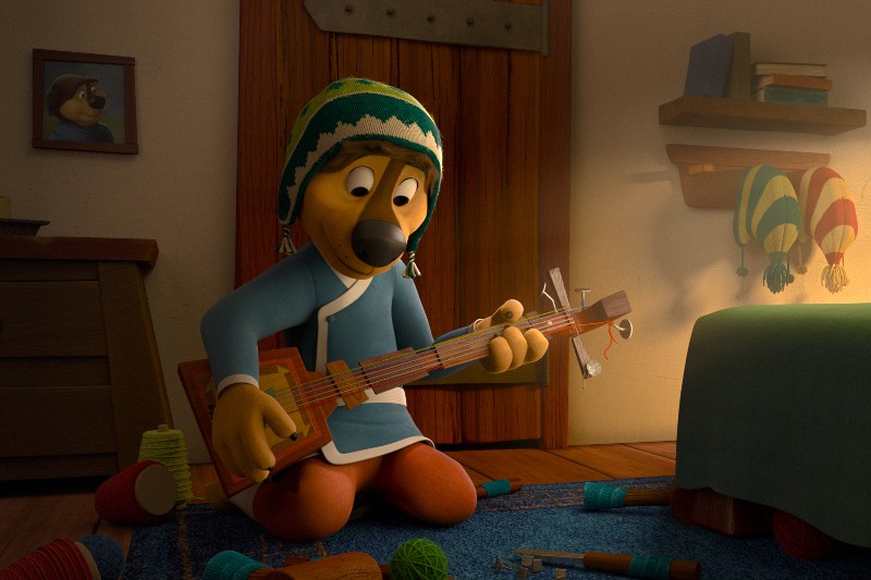 Animowany pies ubrany w zielono-białą czapkę i niebieski płaszcz gra na domowej roboty instrumencie strunowym w przytulnym pokoju, otoczony kolorową włóczką i czapkami.