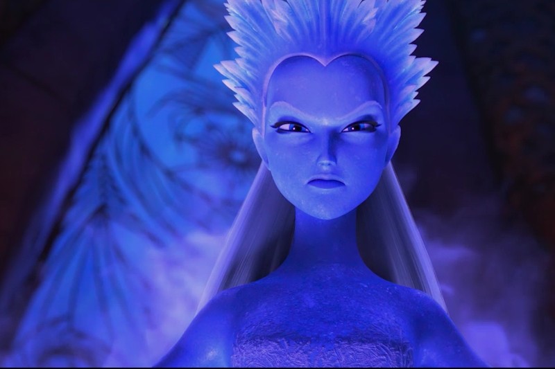 Animowana postać z kolczastymi, lodowatymi włosami, lodowato niebieską skórą, ostrymi brwiami i poważnym wyrazem twarzy, osadzona na mistycznym, błękitnym tle.