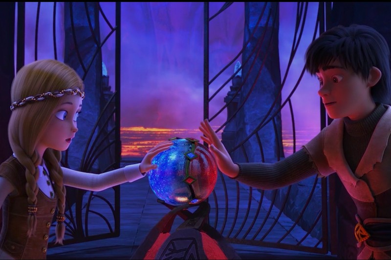Dwie animowane postacie, blondynka i chłopak o ciemnych włosach, dotykają wspólnie świetlistej, magicznej kuli w tajemniczym, oświetlonym na fioletowo pokoju z dramatycznym, otwartym tłem.