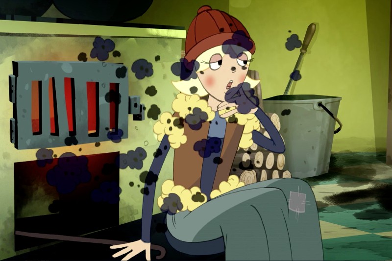 Kobieta z kreskówki w zimowych ubraniach siedzi przy piecu, wypuszczając czarny dym, kaszląc z niepokojem. W tle widać drewno na opał i metalowe wiadro z łopatą. Jej dżinsy mają łatę.