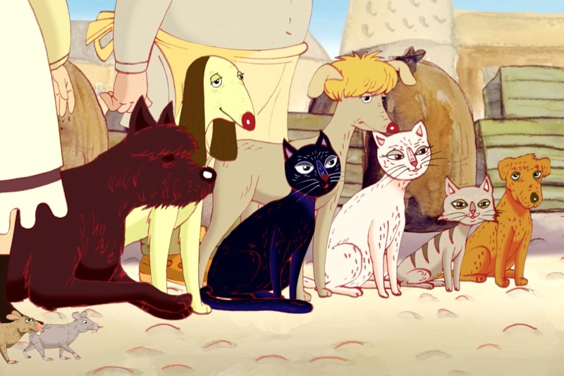 Grupa animowanych kotów i psów o wyjątkowych, przesadzonych cechach siedzi razem na zewnątrz, z nogami i torbami ludzi w tle. Każde zwierzę ma odrębny kolor i wyraz.