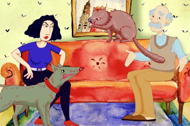Kobieta i starszy mężczyzna siedzą na czerwonej sofie i kłócą się. Na oparciu sofy siedzi duży, wściekły kot, a na podłodze stoi agresywny pies. W kolorowym pokoju z kreskówkami jest obraz i niebieski dywan.