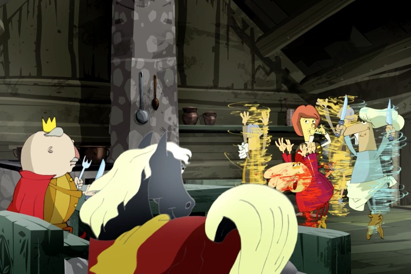 Scena z kreskówki przedstawia króla w czerwonej pelerynie jedzącego przy stole z koniem, podczas gdy dwie kobiety zostają złapane w wirujące magiczne tornada w rustykalnym, drewnianym pokoju. Inna kobieta w czerwieni wygląda na przerażoną chaosem.