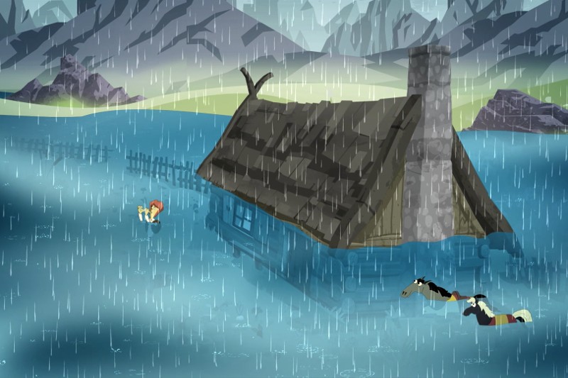 Dom jest prawie zalany wodą powodziową podczas ulewnego deszczu. Dwie osoby pływają w wodzie w pobliżu domu, w tle widać góry.