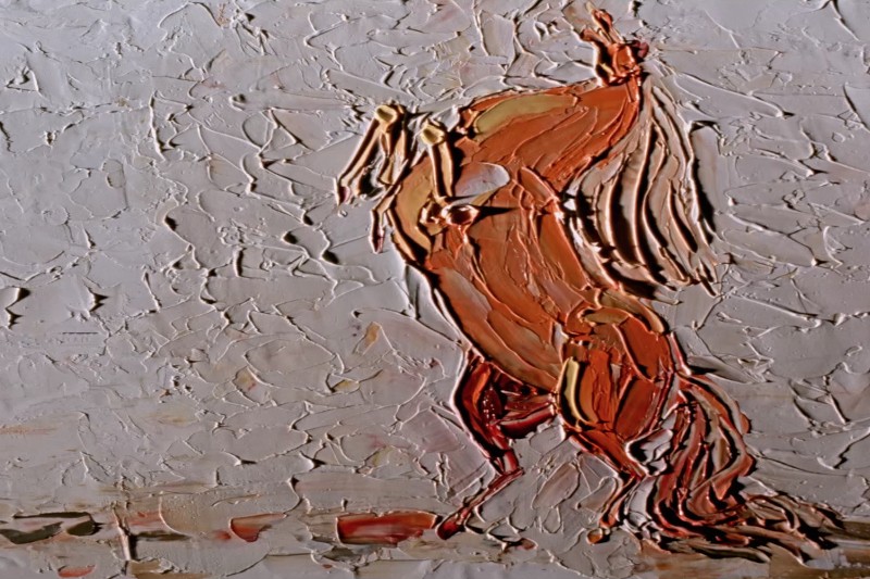 Teksturowany obraz olejny przedstawiający konia w ciepłych odcieniach brązu i pomarańczu, umieszczony na szorstkim, bladym tle. Dzieło ma rzeźbiarski, impastowy styl z grubymi, ekspresyjnymi pociągnięciami pędzla.