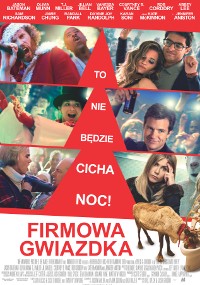Plakat do filmu Firmowa Gwiazdka przedstawiający kolaż zdjęć ludzi na chaotycznej imprezie świątecznej, z pogrubionym tekstem w języku polskim i reniferem w prawym dolnym rogu.