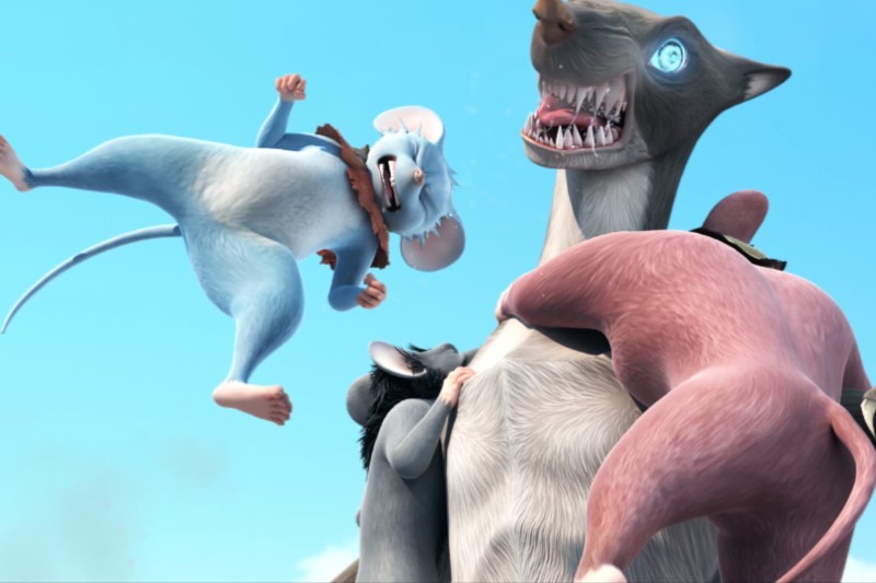 Duży, groźny wilk szczerzy zęby, a trzy ożywione myszy, jedna w powietrzu i dwie kurczowo trzymające się wilka, wydają się toczyć walkę na tle jasnoniebieskiego nieba.