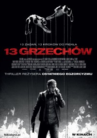 Polski plakat filmowy do filmu 13 Grzechów przedstawia mężczyznę rozmawiającego przez telefon otoczonego dymem, z dwiema rękami w rękawiczkach manipulującymi sznurkami marionetki nad nim. Tytuł jest pogrubiony na czerwono.