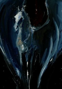 Abstrakcyjny obraz przedstawiający białego konia ze skrzydłami, przypominającego pegaza, umieszczonego na ciemnym, wirującym tle w odcieniach błękitu i czerni, tworzącym tajemniczą, eteryczną atmosferę.