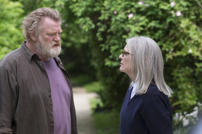 Brodaty mężczyzna w brązowej koszuli i kobieta z długimi siwymi włosami i okularami stoją naprzeciw siebie na zewnątrz, otoczeni zielonymi krzewami i drzewami. Wygląda na to, że prowadzą poważną rozmowę.