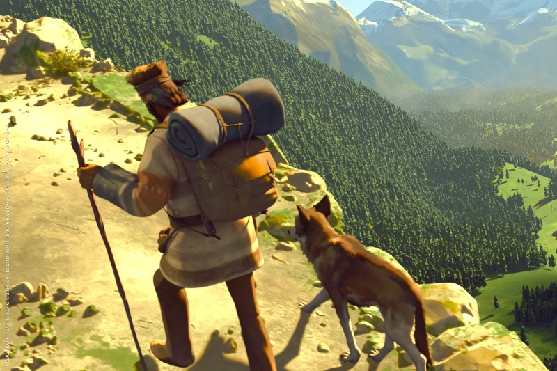 Animowana postać mężczyzny ubranego w strój turystyczny i plecak stoi na górskiej półce z psem, patrząc na rozległą zieloną dolinę i odległe ośnieżone szczyty pod jasnym niebem.