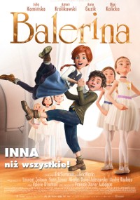 Animowany plakat filmowy do filmu Balerina przedstawiający dziewczynę radośnie podnoszącą chłopca w studiu baletowym, a cztery młode baletnice w białych tutu obserwują je. Tytuł i nazwiska obsady są wyświetlane na górze.