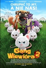 Animowany plakat filmowy przedstawiający grupę zdeterminowanych białych myszy, fioletową wiewiórkę, brązowego psa i brązowego mopsa w parku z diabelskim młynem w tle. Polski tytuł „Gang Wiewióra 2” pojawia się na dole.