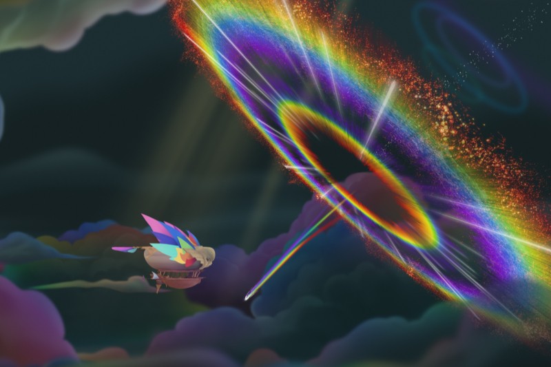 Latający statek o kolorowych, kryształowych żaglach unosi się wśród ciemnych chmur, zbliżając się do dużego, świetlistego, okrągłego portalu tęczowego z mieniącymi się wiązkami światła.