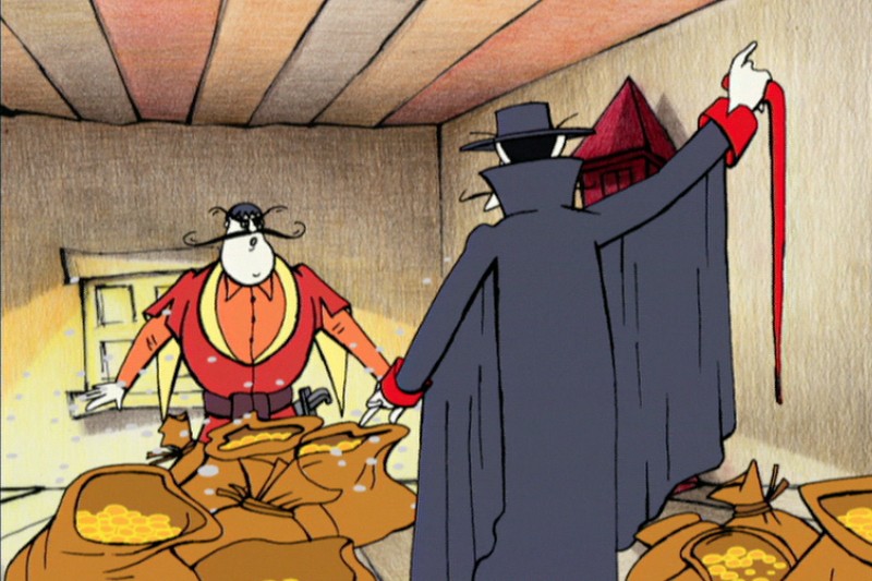 Złoczyńca z kreskówki ubrany w czarną pelerynę i kapelusz, trzyma czerwony bicz i staje naprzeciw zaskoczonego mężczyzny z dużymi wąsami, stojącego wśród worków pełnych złotych monet w słabo oświetlonym pomieszczeniu.