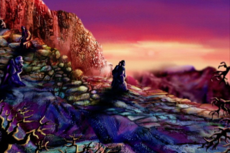 Surrealistyczny obraz skalistego, kolorowego zbocza wzgórza o zachodzie słońca z cienistymi postaciami ludzkimi wspinającymi się i poskręcanymi, bezlistnymi drzewami na pierwszym planie. Niebo jest pełne pomarańczowych, różowych i fioletowych odcieni.