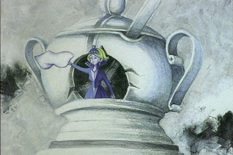 Postać z kreskówki ubrana na fioletowo, nosząca koronę, stoi wewnątrz gigantycznego czajnika z otworem i macha białą tkaniną niczym flagą na szarym, chmurnym tle.