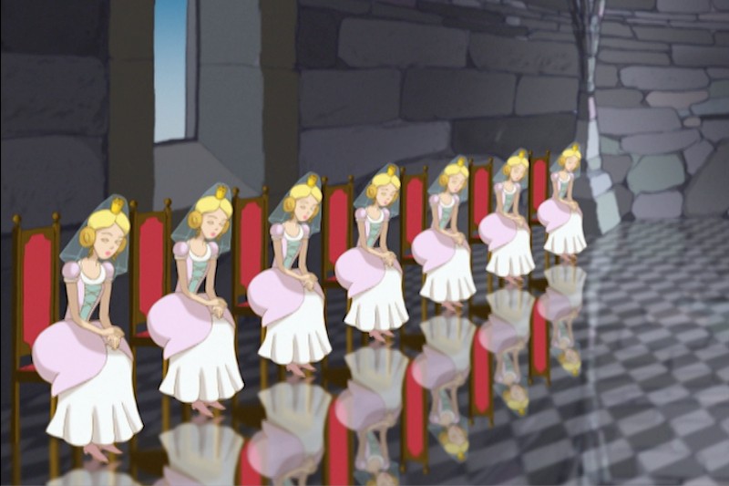 Rząd identycznych animowanych księżniczek w białych sukienkach z różowymi akcentami siedzi na czerwonych krzesłach w pokoju o kamiennych ścianach i szachownicy na podłodze, a ich odbicia widoczne są na błyszczącej powierzchni.
