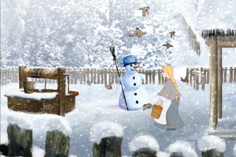 Blondynka w szarej sukience niesie wiadro obok bałwana z miotłą na zaśnieżonym podwórku. Ptaki latają dookoła, a studnia i drewniany płot są pokryte śniegiem. Płatki śniegu delikatnie spadają.