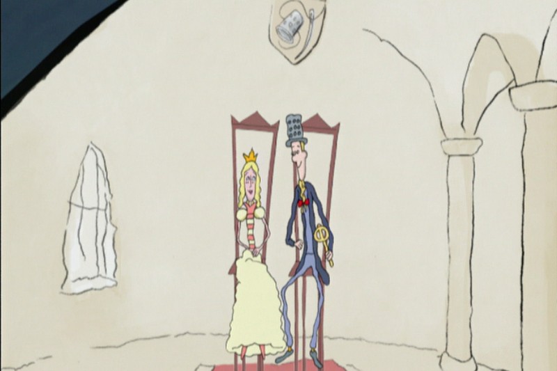 Prosta, rysowana ręcznie ilustracja przedstawia księżniczkę w żółtej sukience i mężczyznę w garniturze stojących razem w pomieszczeniu pod łukiem, jak na weselu. Tło przedstawia łukowate okna i kolumny.