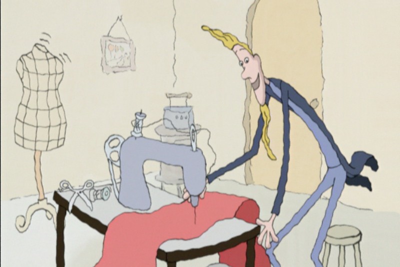 Wysoka, szczupła postać z kreskówki z długimi blond włosami używa maszyny do szycia przy stole z czerwonym materiałem. W pomieszczeniu znajduje się manekin krawiecki, nożyczki i deska do prasowania, co sugeruje miejsce pracy krawca lub krawcowej.