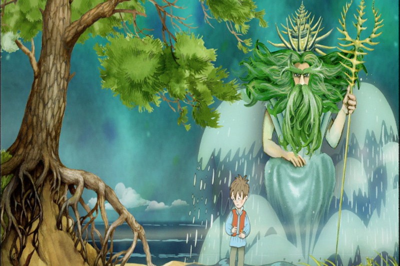Chłopiec stoi na brzegu przy drzewie, a za nim wyłania się z wody wielka, zielonobroda postać z koroną i trójzębem. Scena ma magiczną, fantastyczną atmosferę.
