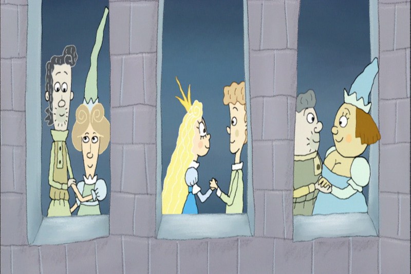 Trzy pary, ubrane w stroje w stylu średniowiecznym i trzymające się za ręce, stoją naprzeciw siebie w trzech oknach zamku na niebieskim tle. Centralna para przedstawia kobietę z długimi blond włosami i złotą koroną.