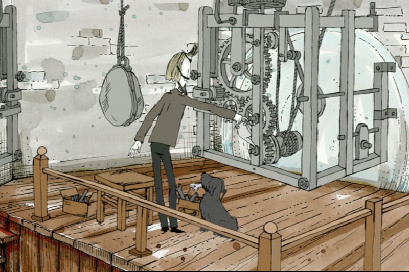 Osoba stoi na drewnianej platformie, regulując koła zębate w dużym mechanizmie zegara, podczas gdy pies siedzi w pobliżu. Scena ma ręcznie rysowany, stonowany styl kolorów z widocznymi kamiennymi ścianami i rozrzuconymi narzędziami.