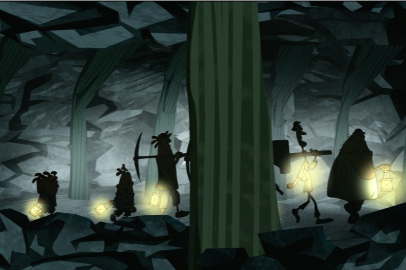 Grupa animowanych postaci przechadza się po ciemnej, skalistej jaskini, trzymając świecące latarnie. Otaczają je duże zielonkawe filary i postrzępione formacje skalne, tworząc tajemniczą atmosferę.