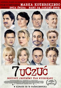 Plakat filmowy przedstawiający dwunastu aktorów w siatce. Każda twarz jest ozdobiona dziecięcymi rysunkami wąsów i okularów. Tytuł 7 Uczuć jest widoczny na dole dużymi literami.