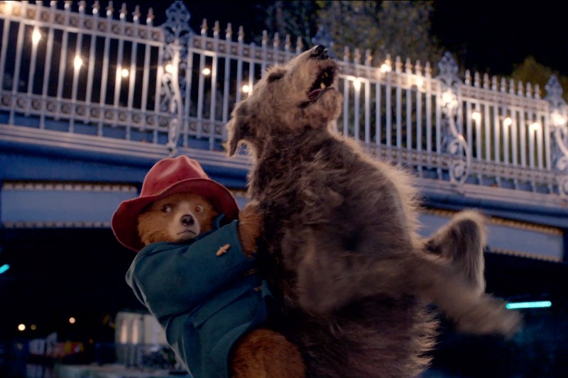 Brązowy niedźwiedź w czerwonym kapeluszu i niebieskim płaszczu trzyma dużego, kudłatego, szarego psa w pozycji pionowej. Stoją nocą przed ozdobnym, oświetlonym metalowym mostem.