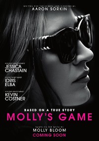 Plakat filmu Mollys Game przedstawiający zbliżenie kobiety w okularach przeciwsłonecznych. Tekst zawiera członków obsady Jessicę Chastain, Idrisa Elbę, Kevina Costnera i uwagi, że film jest oparty na prawdziwej historii, która wkrótce ukaże się na stronie.