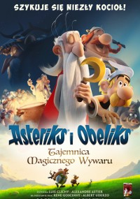 Polski plakat filmowy do filmu Asteriks i Obeliks: Tajemnica Magicznego Wywaru z animowanymi postaciami Asteriksa, Obeliksa i druida trzymającego miksturę, umieszczonymi na kolorowym, fantazyjnym tle.