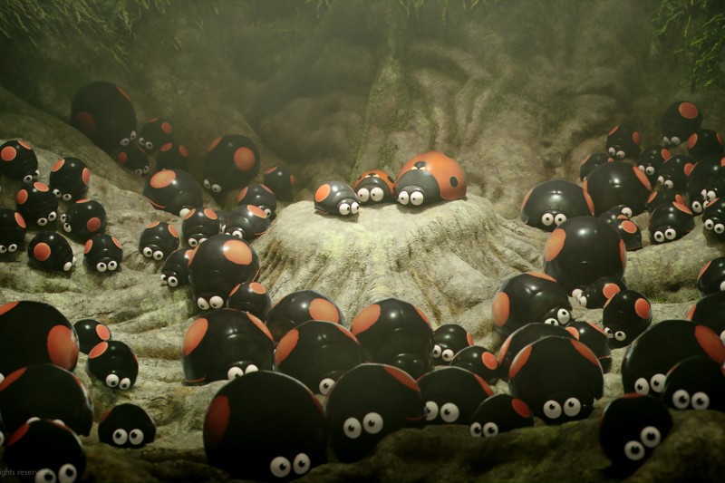 Duża grupa biedronek w stylu kreskówkowym z dużymi oczami i czerwonymi plamkami zbiera się na mchowej, skalistej powierzchni w leśnym otoczeniu. Atmosfera jest miękka i mglista, a światło przesącza się przez liście powyżej.