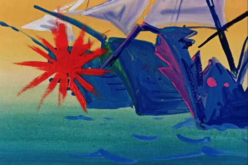 Abstrakcyjny obraz przedstawiający dwa niebieskie statki na zielonej wodzie z białymi żaglami; między nimi widać dużą, czerwoną eksplozję na tle żółtego nieba.