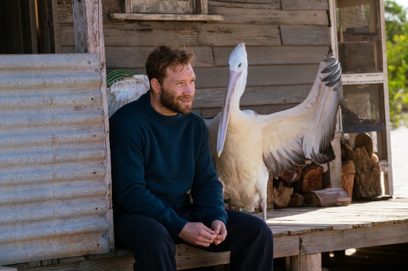 Mężczyzna z brodą siedzi na rustykalnym drewnianym ganku obok dużego białego pelikana z częściowo rozpostartymi skrzydłami. Sceneria wydaje się być na zewnątrz, obok zniszczonego budynku.