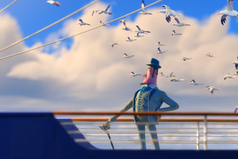 Animowany mężczyzna w kraciastym garniturze i meloniku pewnie stoi na pokładzie statku, otoczony przez latające mewy, na tle błękitnego nieba i chmur.