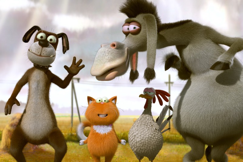 Cztery animowane zwierzęta — machający pies, uśmiechnięty kot, kogut i osioł — stoją razem na wiejskim tle, na tle zachmurzonego nieba.