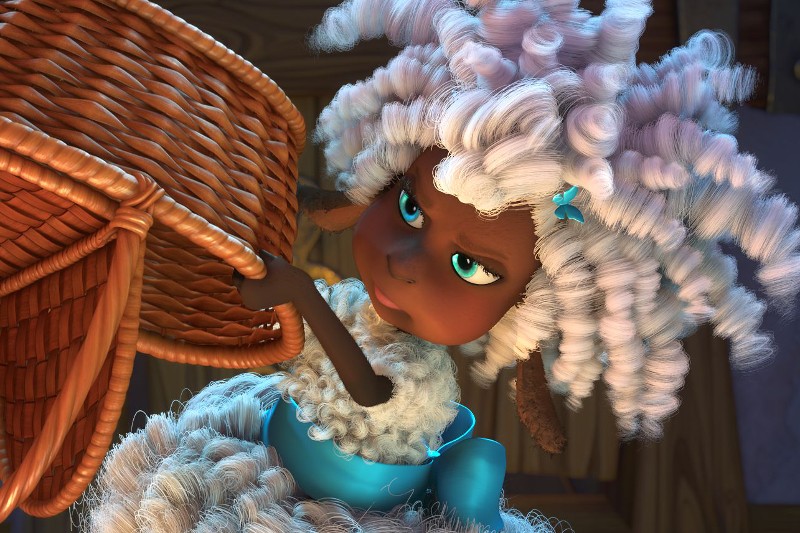 Animowana postać z puszystymi, białymi, owczymi włosami, brązową skórą i niebieskimi oczami trzyma wiklinowy kosz, wyglądając na zdeterminowaną. Postać nosi niebieską wstążkę i puszysty biały strój.